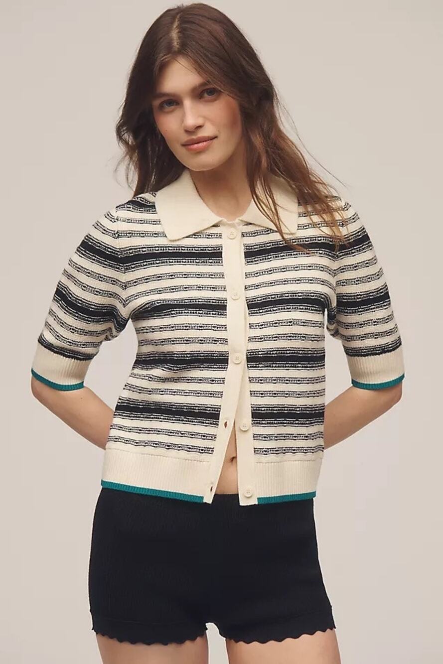 Anthropologie Maeve Kinsley Collared Crop Cardigan Sweater Sz XS Cream Black